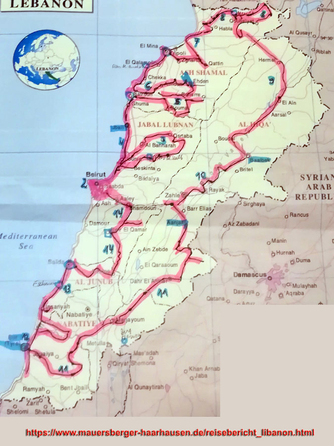 Reiseroute Rundreise Libanon 2023
